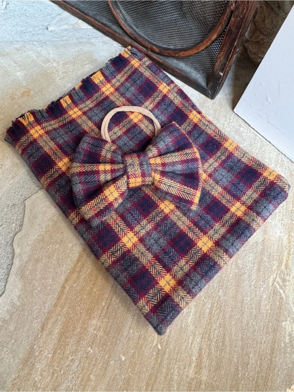 Baby Fall Plaid Infinity Scarf and Bow Set
